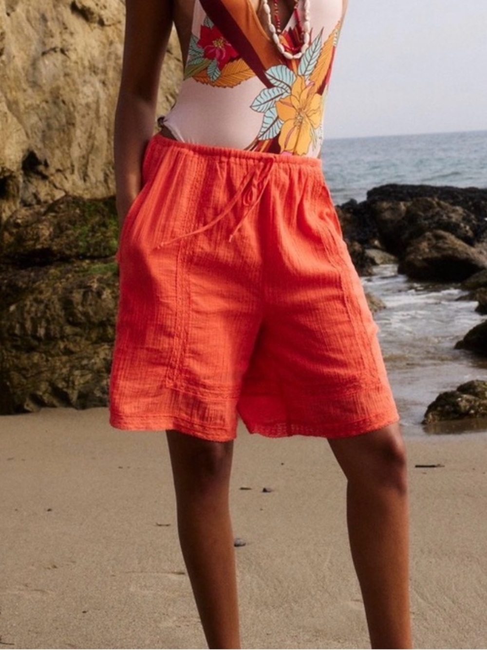 Free People Seaside Bermuda Shorts Scarlet Ibis Lace Trim Cotton Gauze Small